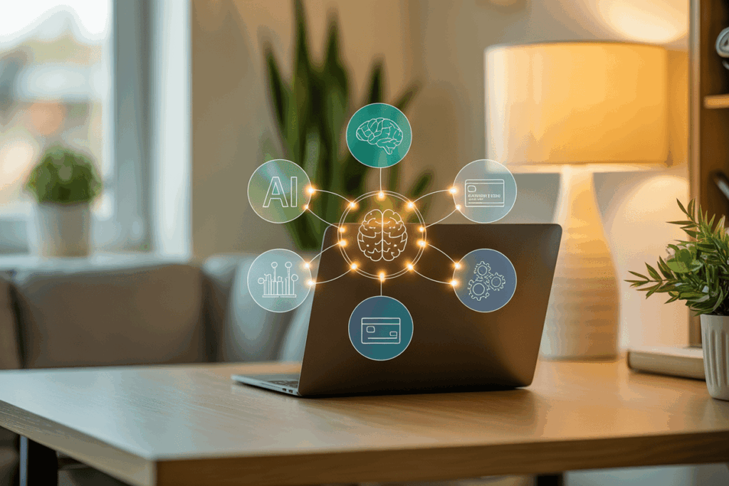 Technology and Services Innovation Laptop with AI and technology icons representing innovation and digital services in education